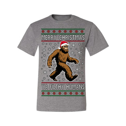 Merry Christmas Ya Filthy Humans Funny Sasquatch, UFO Conspiracy Theory Y2K Big Foot Supernatural Theorist Bigfoot Ugly Christmas Sweater Ugly Christmas Men's T-Shirt