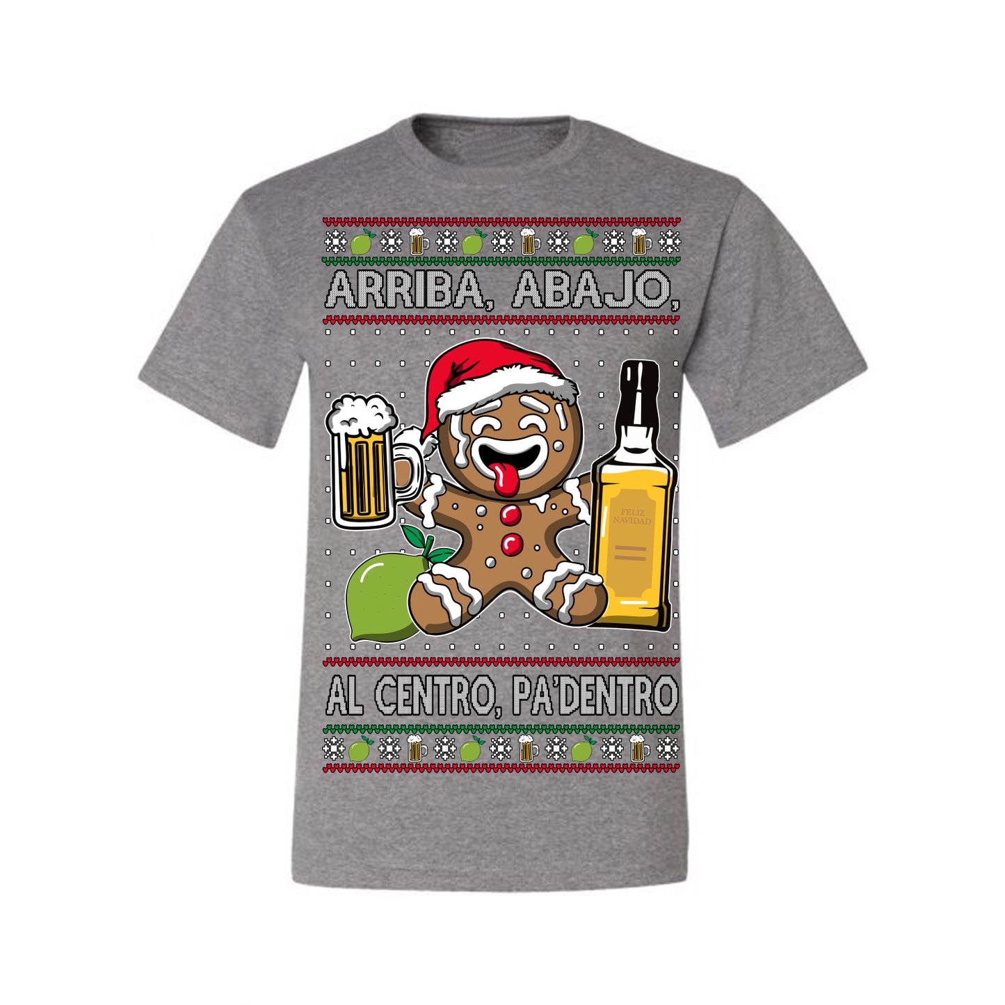 Arriba Abajo Al Centro Pa'Dentro Cheers to Health, Drinking Beer Cerveza Funny Gingerbread Xmas Cookie Ropa en Espanol Salud Ugly Christmas Sweater Ugly Christmas Men's T-Shirt