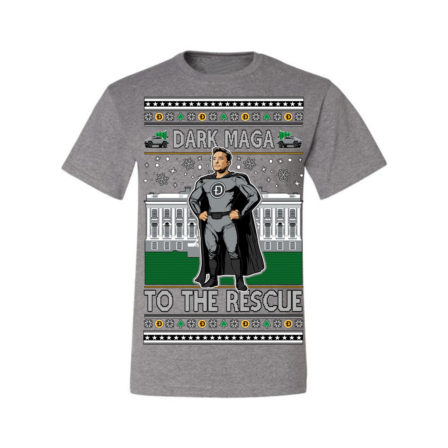 Dark MAGA to the Rescue, Elon Superhero Doge Crypto Dogecoin Make America Great Again Trump 2024 Ugly Christmas Sweater Ugly Christmas Men's T-Shirt