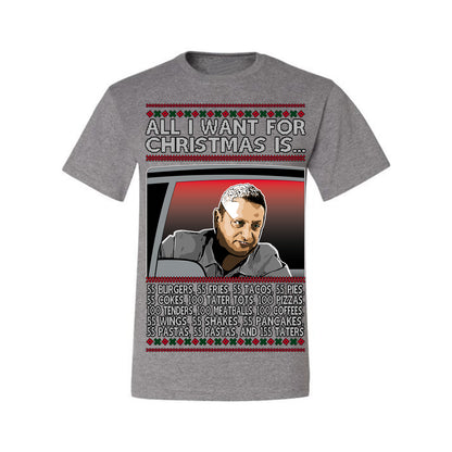 All I Want for Christmas Is 55 Burgers 55 Fries 55 Tacos 55 Pies, Funny Viral I Think Tim TV Show Gen Z Alpha Brainrot Meme Ugly Christmas Sweater Ugly Christmas Men's T-Shirt