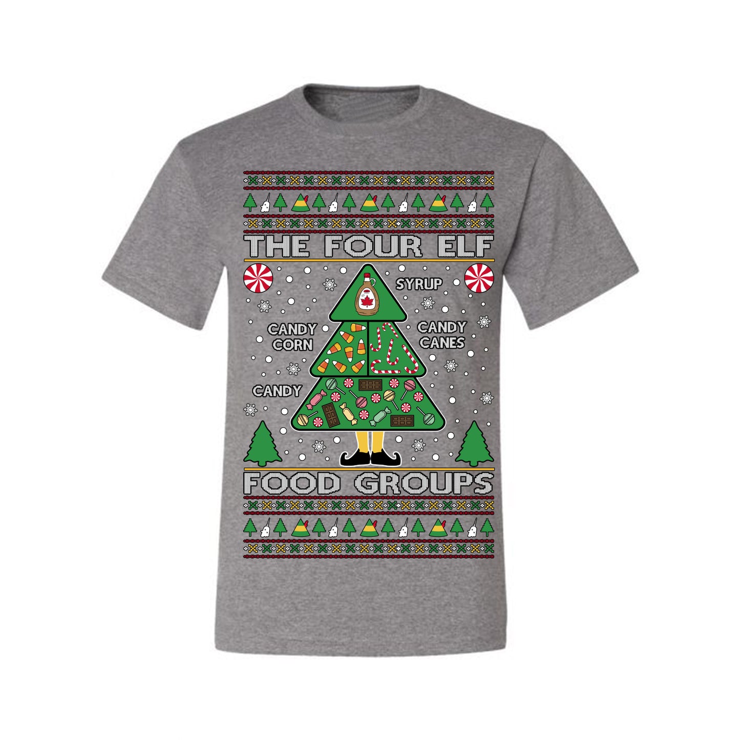 The Four Elf Food Groups, Peppermint Chocolate Candy Canes Syrup, Funny Ugly Christmas Sweater Ugly Christmas Men's T-Shirt