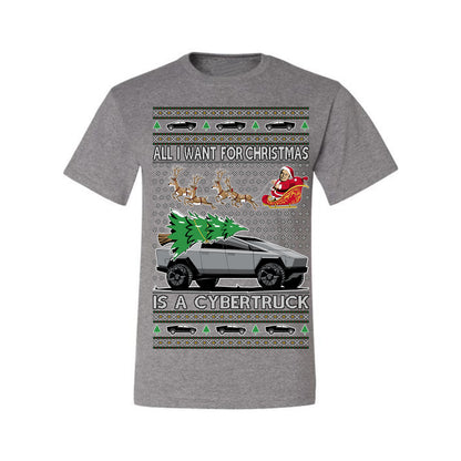 All I Want for Christmas is a Cybertruck, Funny Tech Cyber Truck Elon Musk Santa Claus Reindeer, Meme Ugly Christmas Sweater Ugly Christmas Men's T-Shirt