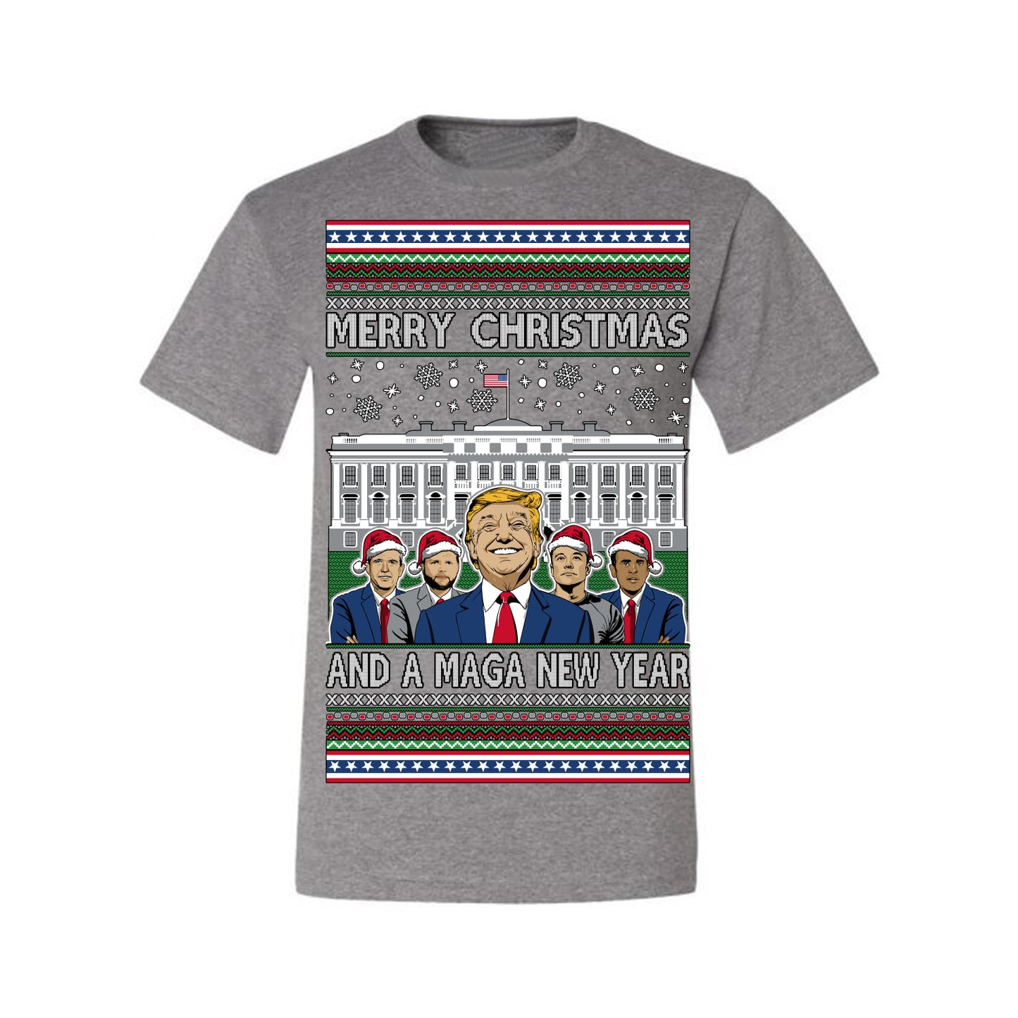 Merry Christmas and a MAGA New Year 2025, Trump Vance Administration 45 47 Make America Great Again USA Ugly Christmas Sweater Ugly Christmas Men's T-Shirt
