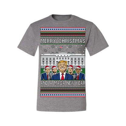 Merry Christmas and a MAGA New Year 2025, Trump Vance Administration 45 47 Make America Great Again USA Ugly Christmas Sweater Ugly Christmas Men's T-Shirt