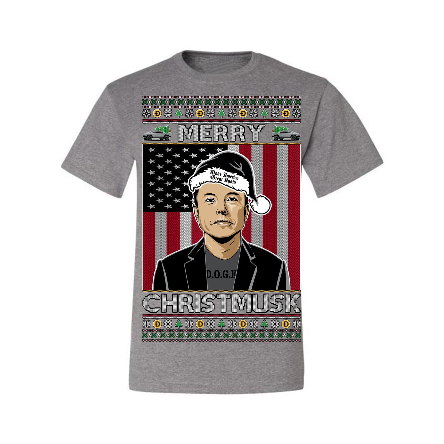 Merry Christmusk Funny Dark MAGA Santa Elon Doge Meme, Crypto Dogecoin America First USA Republican Ugly Christmas Sweater Ugly Christmas Men's T-Shirt