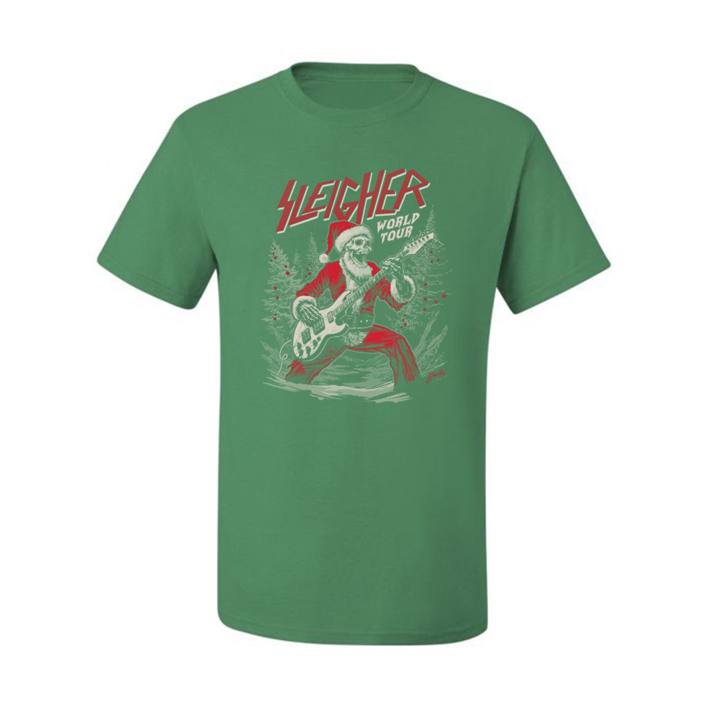 Sleigher World Tour | Funny Heavy Metal Electric Rock Guitar Skull Santa Claus Xmas North Pole Ugly Christmas Men's T-Shirt
