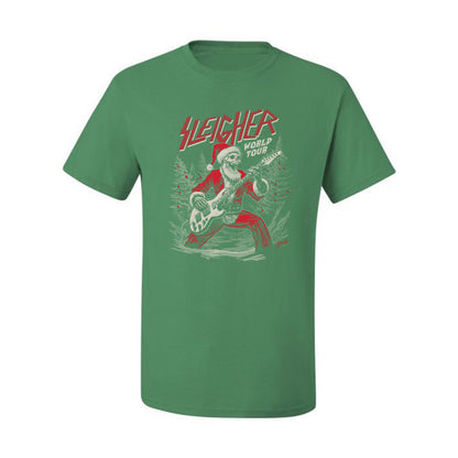 Sleigher World Tour | Funny Heavy Metal Electric Rock Guitar Skull Santa Claus Xmas North Pole Ugly Christmas Men's T-Shirt