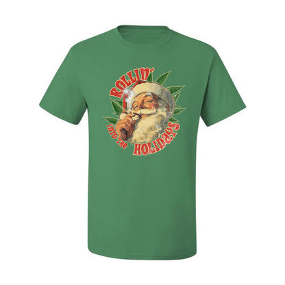 Rollin Into the Holidays | Funny Santa Claus Smoking Weed THC Marijuana Joint Fan  Ugly Christmas Men's T-Shirt