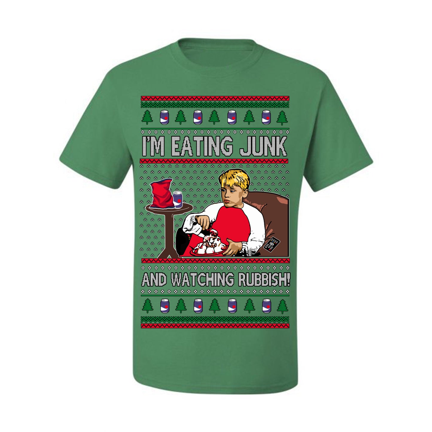 I'm Eating Junk and Watching Rubbish, Classic 90s Xmas Kevin Movie Ice Cream Soda Alone Movies, Ugly Christmas Sweater Ugly Christmas Men's T-Shirt