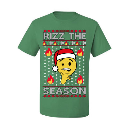 Rizz the Season, Viral Internet Fire Emoji Face Meme Romance Slang, Ugly Christmas Sweater Ugly Christmas Men's T-Shirt