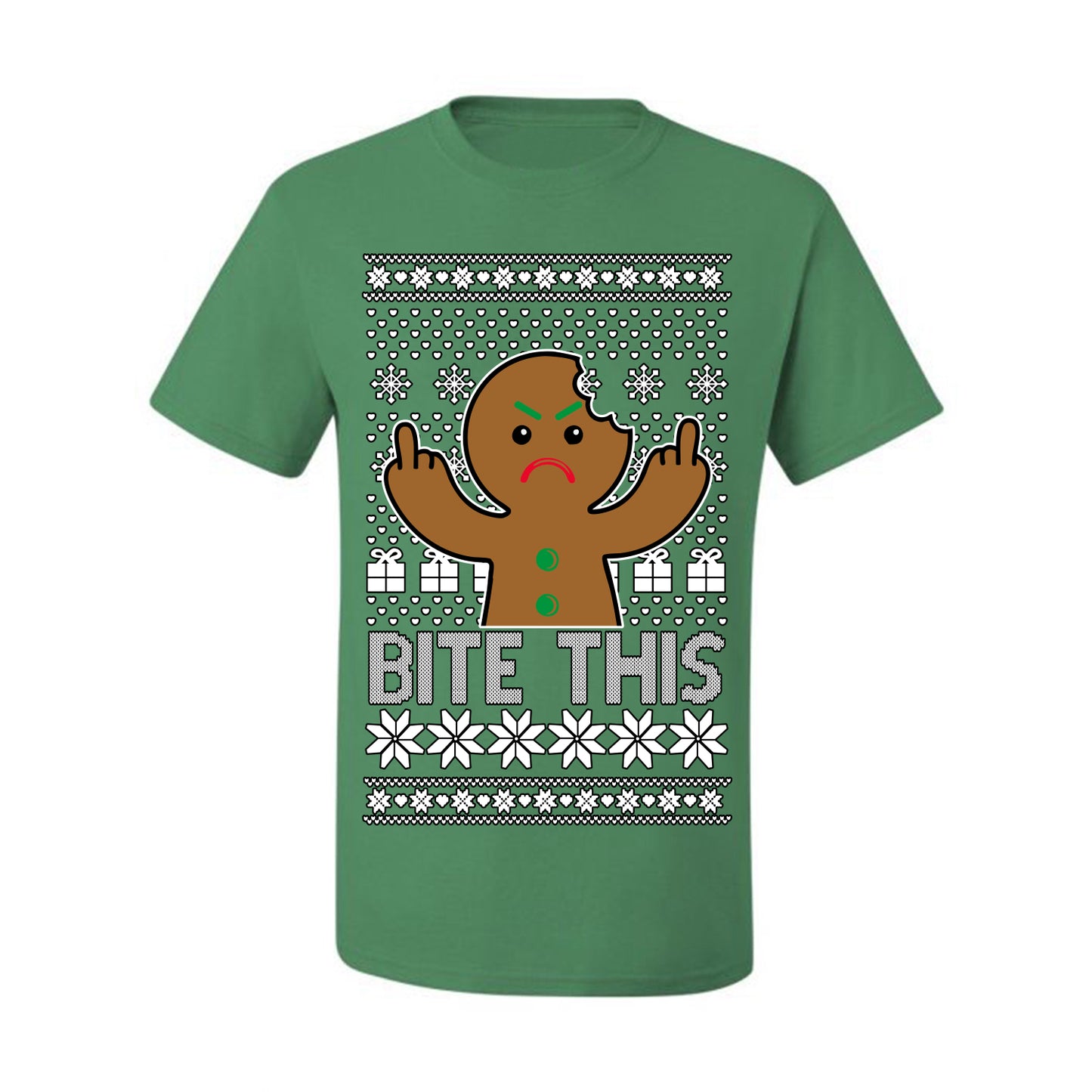Bite This, Funny Gingerbread Cookie Offensive Inappropriate Middle Finger, F U Ginger Bread Dirty Novelty Xmas Ugly Christmas Sweater Ugly Christmas Men's T-Shirt