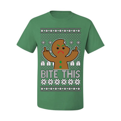 Bite This, Funny Gingerbread Cookie Offensive Inappropriate Middle Finger, F U Ginger Bread Dirty Novelty Xmas Ugly Christmas Sweater Ugly Christmas Men's T-Shirt