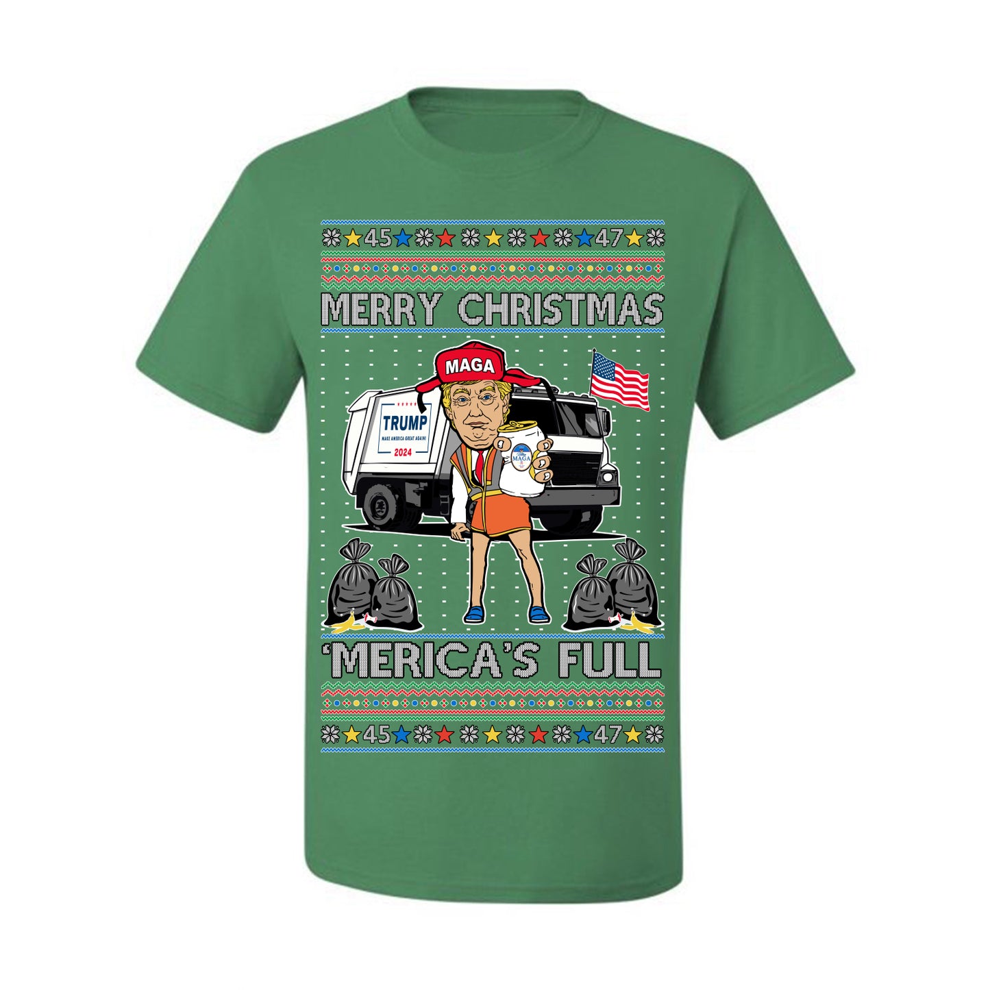Donald Trump Merry Christmas Merica's Full, Cousin Eddie Christmas Vacation Garbage for Trump Funny Viral Meme, Ugly Christmas Sweater Ugly Christmas Men's T-Shirt
