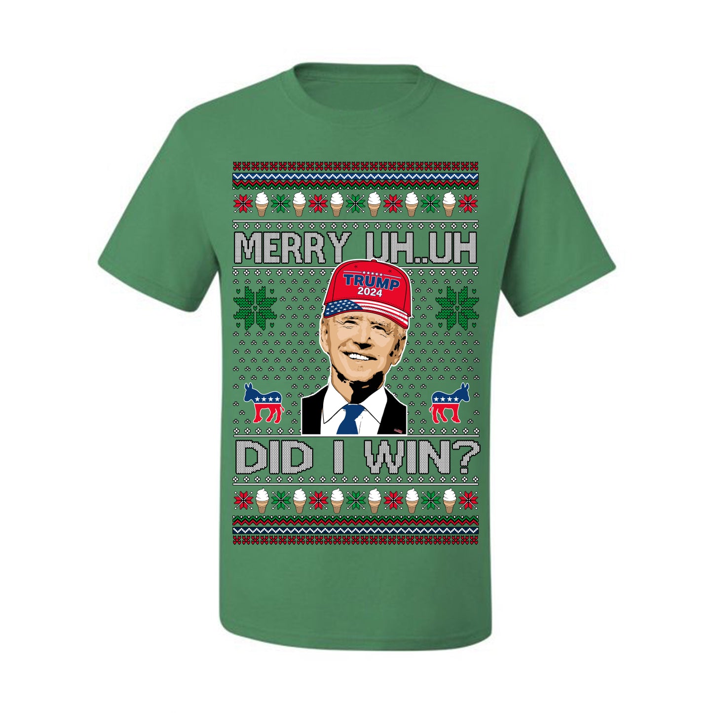 Merry Uh Did I Win? Funny Confused Joe Biden, Liberal Democrats Election 2024 Ugly Christmas Sweater Ugly Christmas Men's T-Shirt