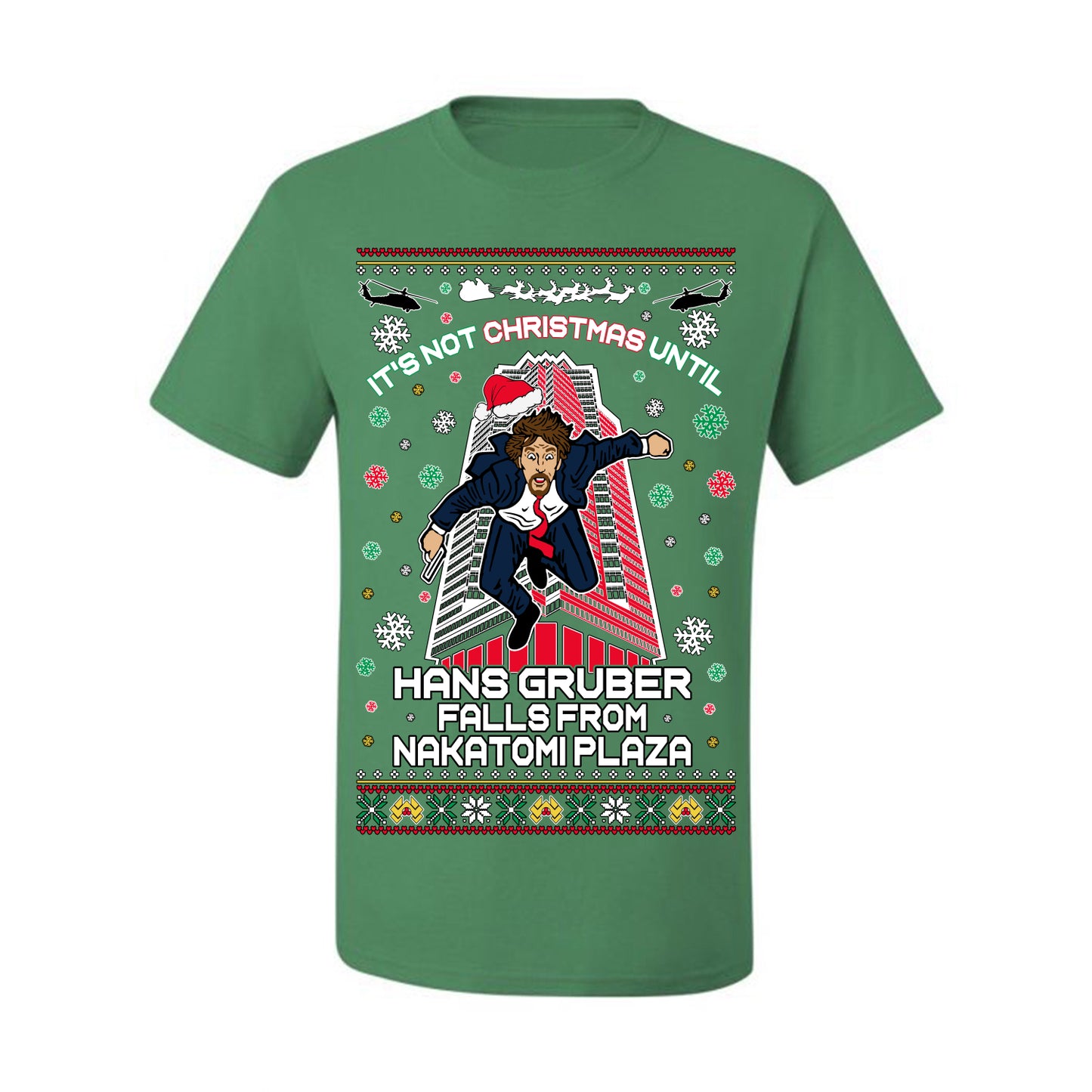 It's Not Christmas Until Hans Gruber Falls From Nakatomi Plaza, Color Design Skyscraper LA Falling Iconic 80s Xmas Movie Ugly Christmas Sweater Ugly Christmas Men's T-Shirt