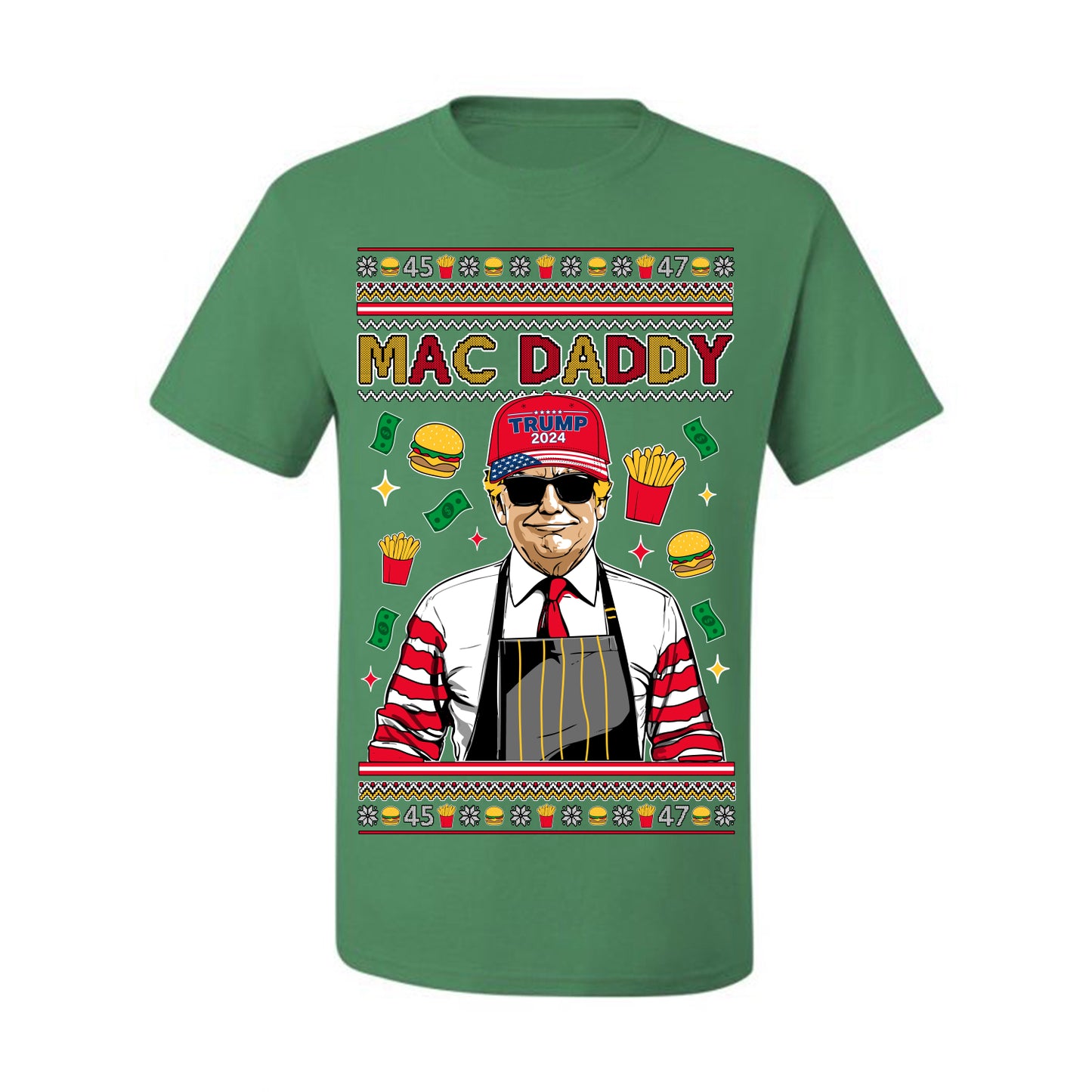 Mac Daddy Funny Viral Trump Meme, PA Fast Food Worker Chef Fries Burgers, 2024 MAGA Make America Great Again Ugly Christmas Sweater Ugly Christmas Men's T-Shirt