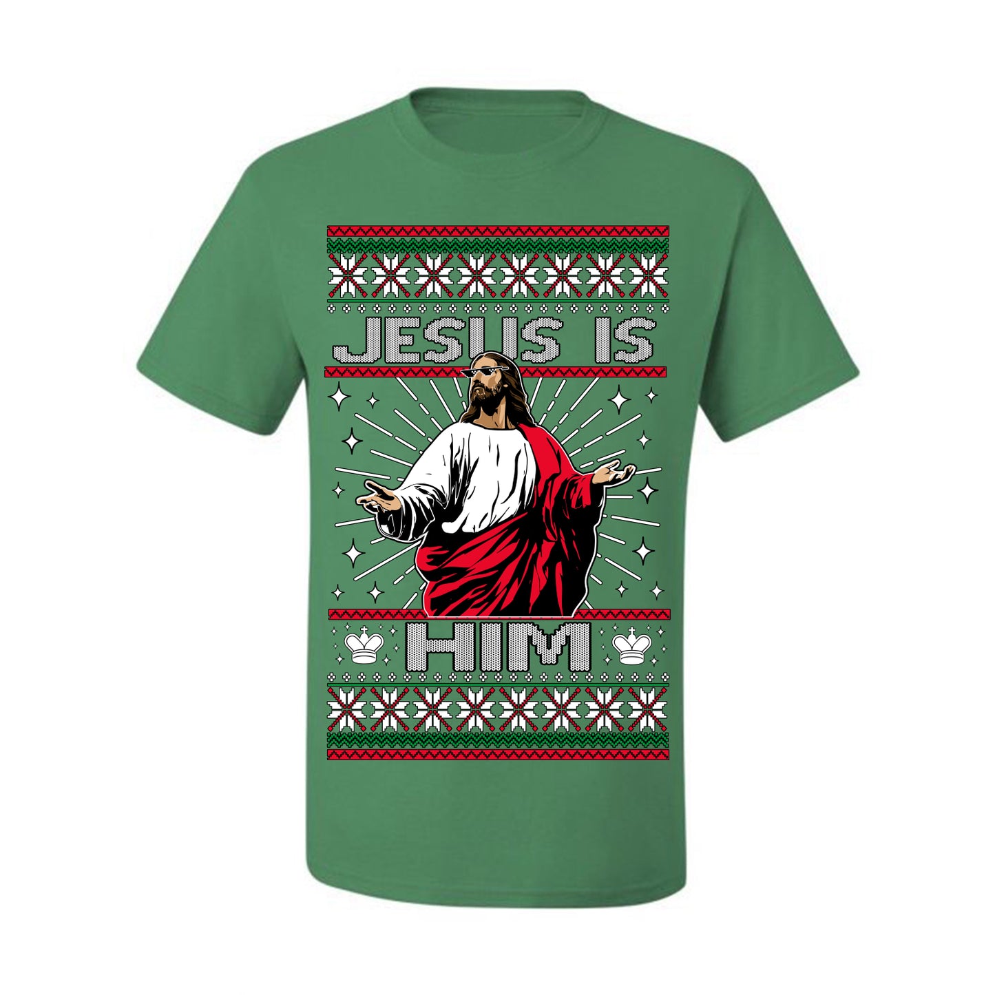 Jesus Is Him Funny Gen Z Viral Meme Shades, Religious Christ Christian Christianity Brain Rot Joke Slang Ugly Christmas Sweater Ugly Christmas Men's T-Shirt