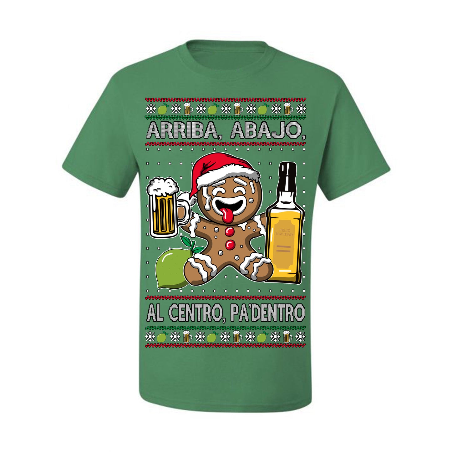 Arriba Abajo Al Centro Pa'Dentro Cheers to Health, Drinking Beer Cerveza Funny Gingerbread Xmas Cookie Ropa en Espanol Salud Ugly Christmas Sweater Ugly Christmas Men's T-Shirt