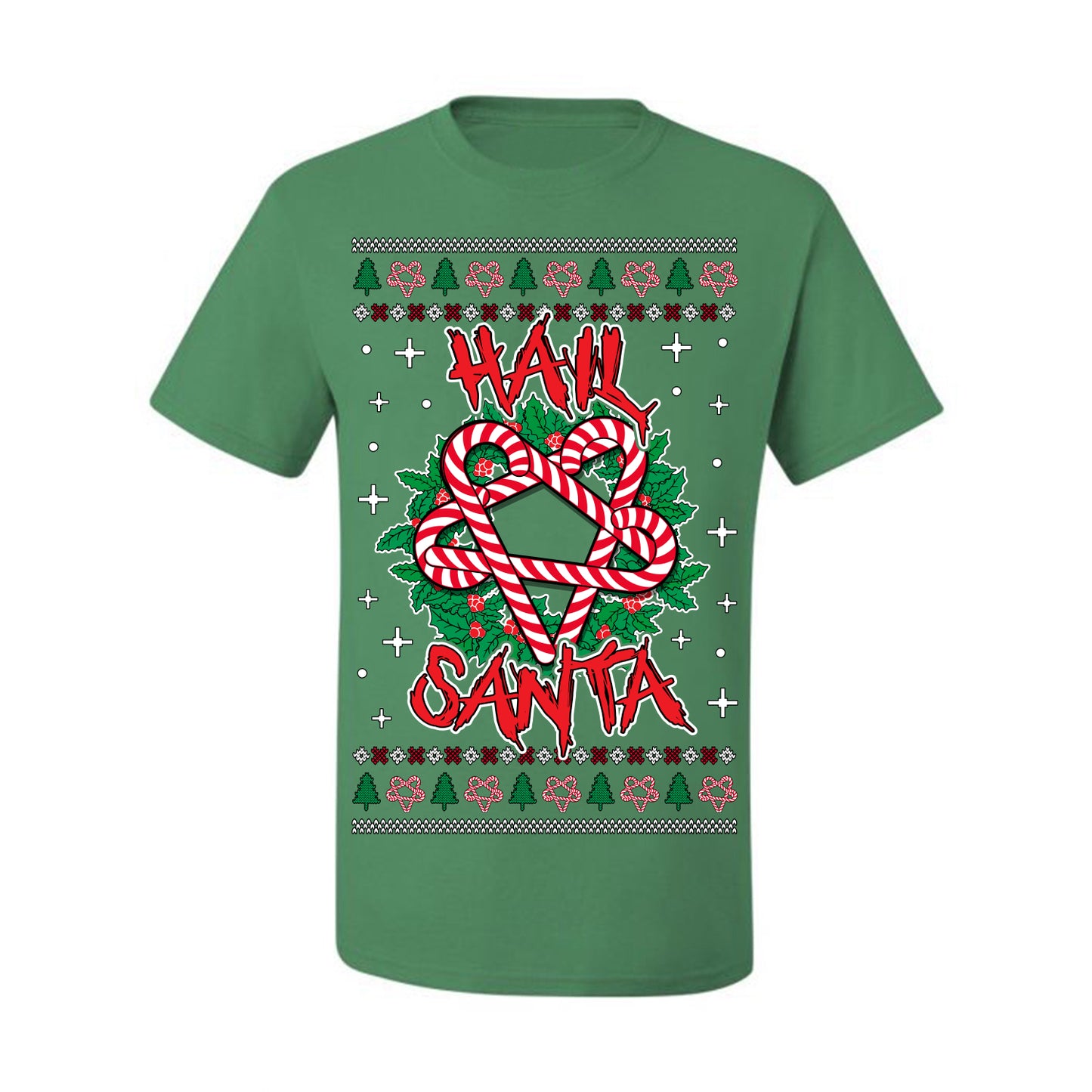 Hail Santa Funny Satanic, Candy Cane Wreath Devil Heavy Metal Rock Metalcore Music, Satan 666 Agnostic Areligious Ugly Christmas Sweater Ugly Christmas Men's T-Shirt