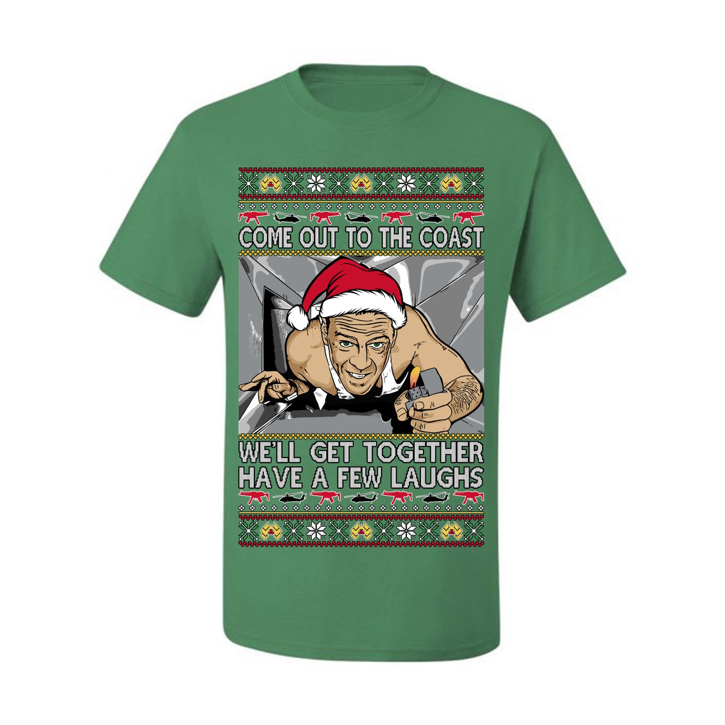 Come Out to the Coast Have a Few Laughs, Funny Die Hard Movie Scene Vent Lighter Quote McClane Nakatomi Plaza Xmas Party, Ugly Christmas Sweater Ugly Christmas Men's T-Shirt