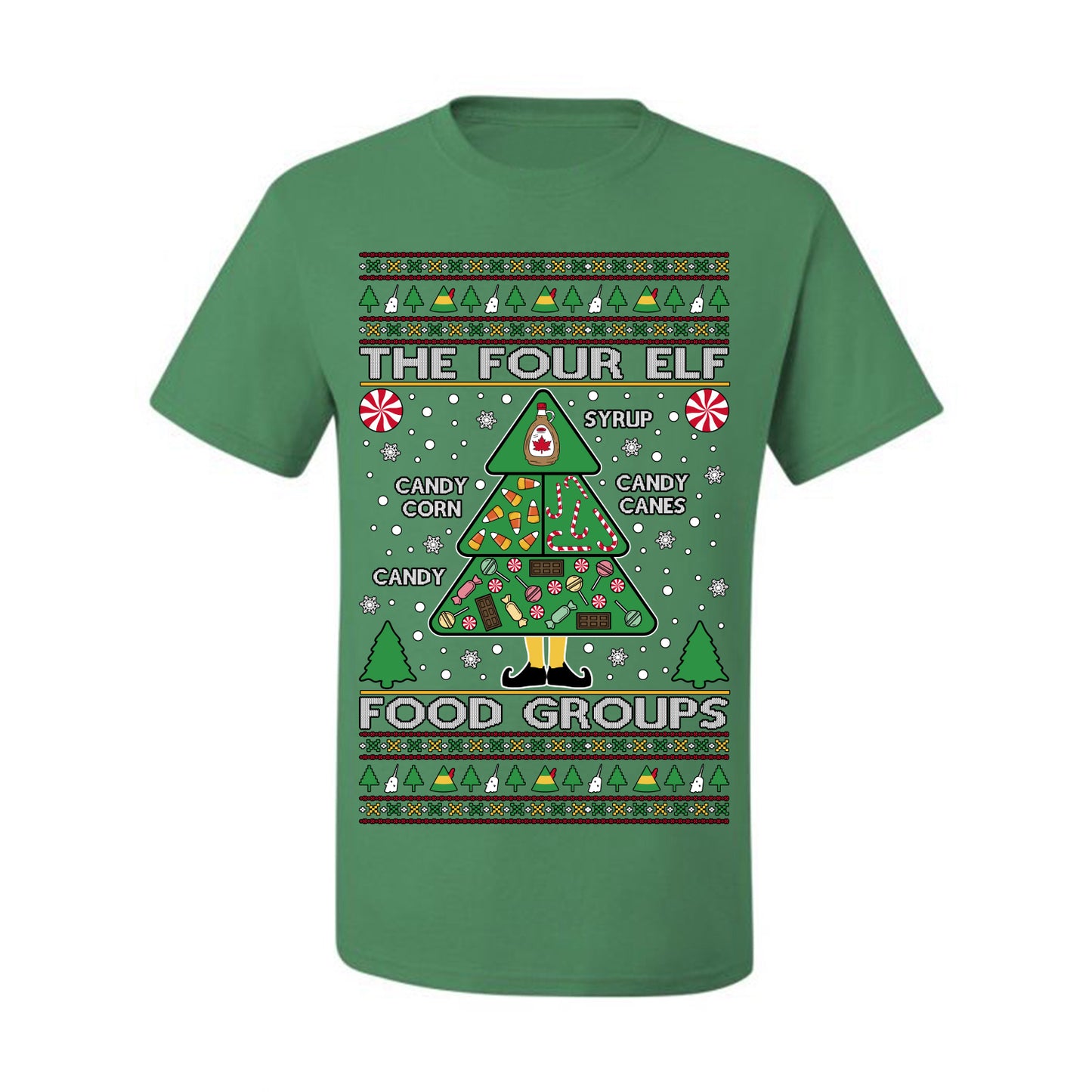 The Four Elf Food Groups, Peppermint Chocolate Candy Canes Syrup, Funny Ugly Christmas Sweater Ugly Christmas Men's T-Shirt