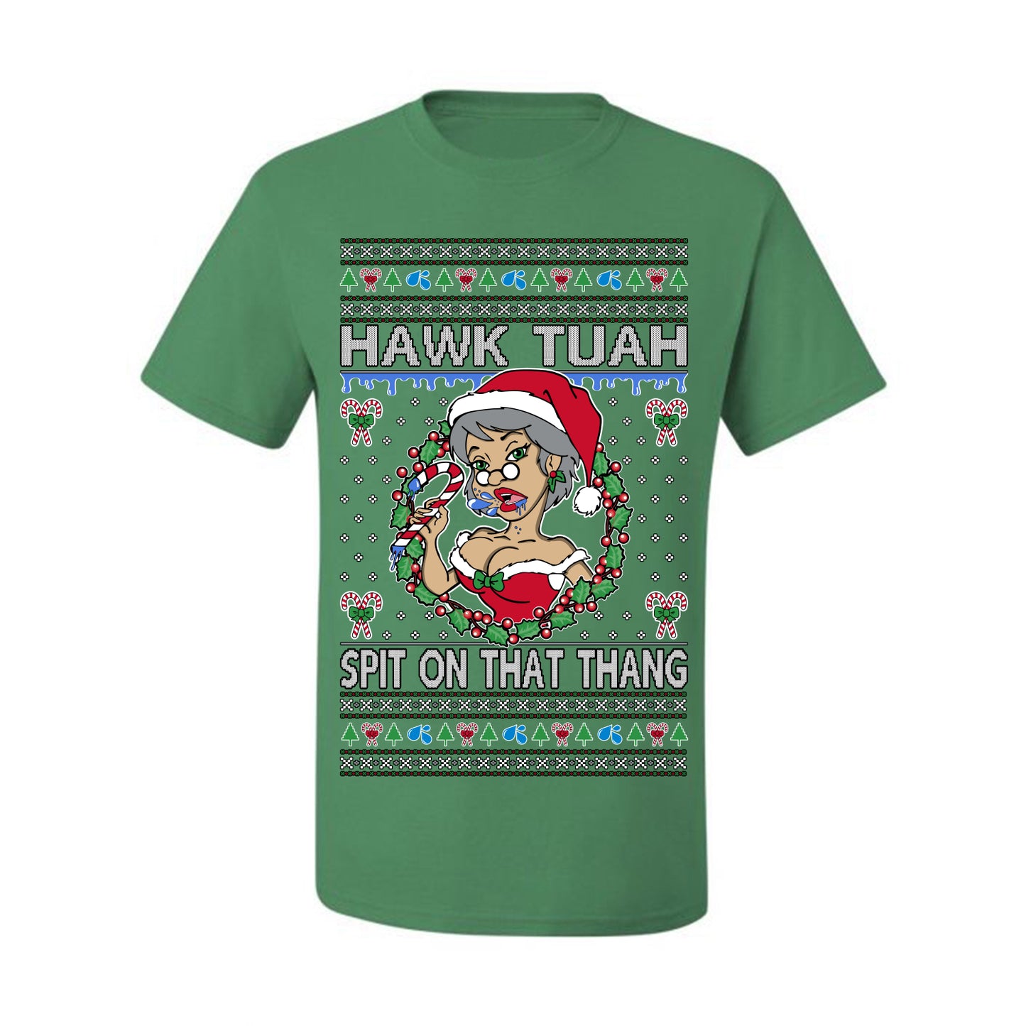 Hawk Tuah Spit On That Thang, Viral Hilarious Candy Cane Mrs Claus Funny Naughty Suck Meme, Ugly Christmas Sweater Ugly Christmas Men's T-Shirt