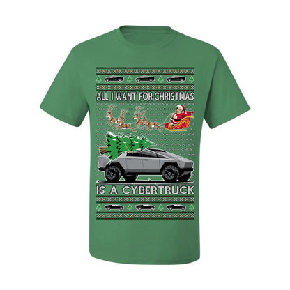 All I Want for Christmas is a Cybertruck, Funny Tech Cyber Truck Elon Musk Santa Claus Reindeer, Meme Ugly Christmas Sweater Ugly Christmas Men's T-Shirt