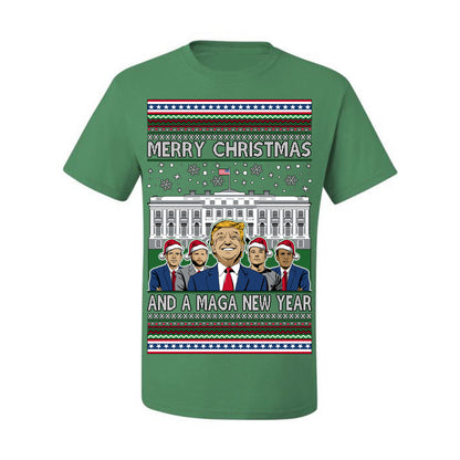 Merry Christmas and a MAGA New Year 2025, Trump Vance Administration 45 47 Make America Great Again USA Ugly Christmas Sweater Ugly Christmas Men's T-Shirt