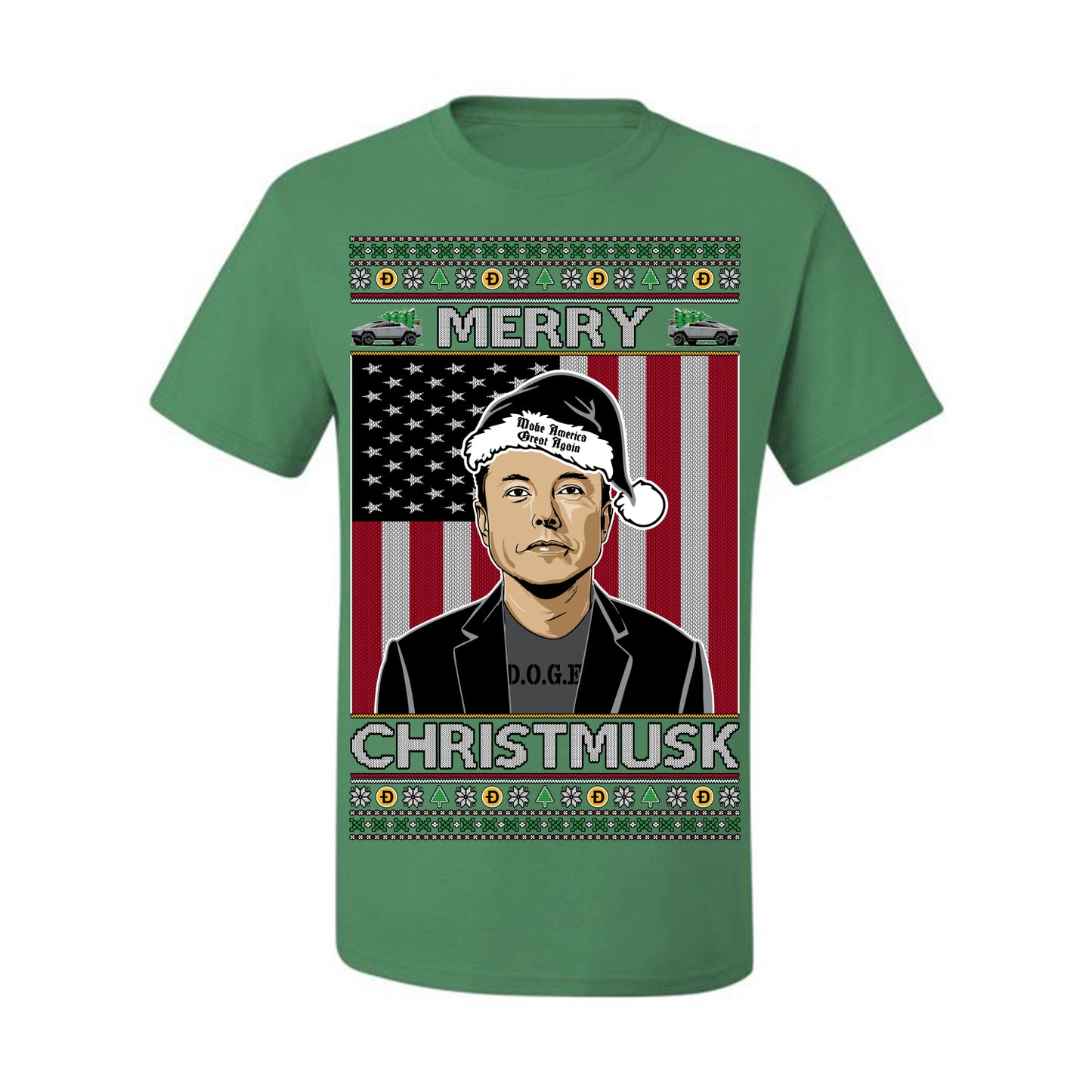 Merry Christmusk Funny Dark MAGA Santa Elon Doge Meme, Crypto Dogecoin America First USA Republican Ugly Christmas Sweater Ugly Christmas Men's T-Shirt
