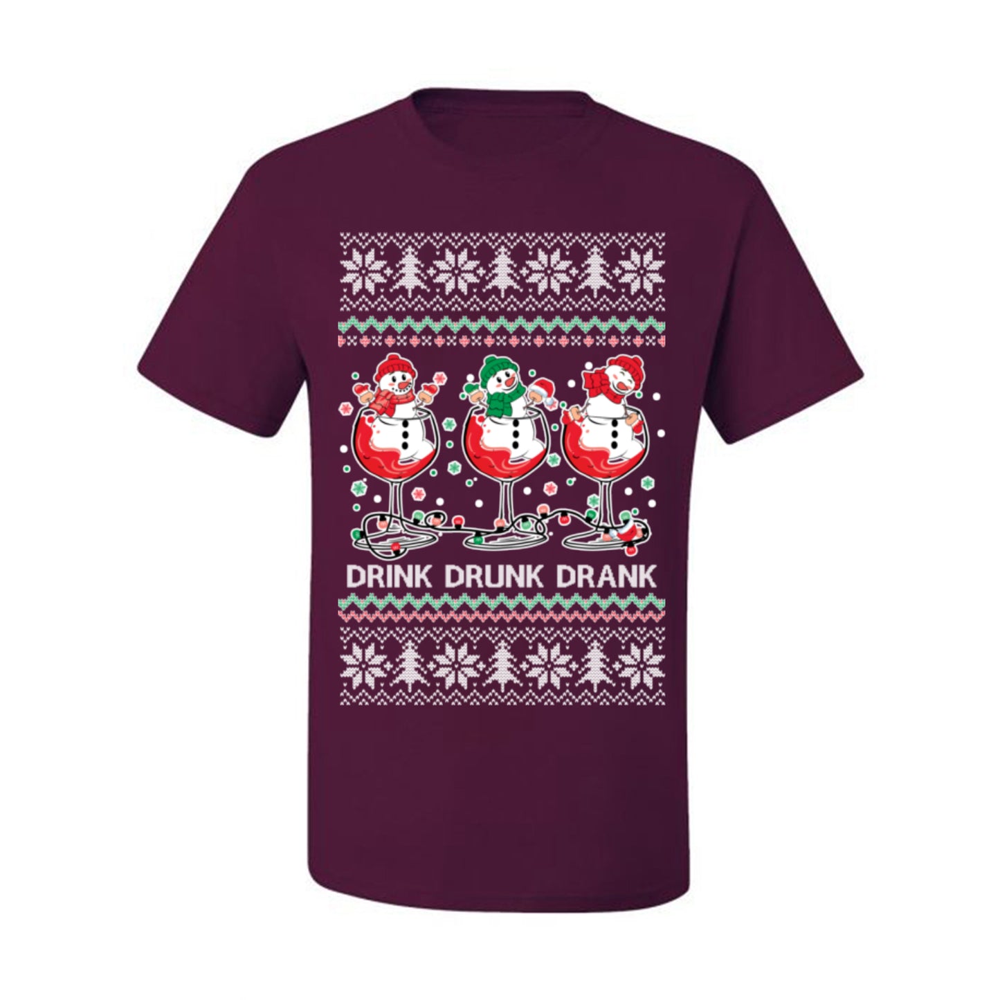 Drink Drank Drunk Funny Snowman, Funny Cocktail Wine Beer Alcohol Candy Cane Mixed Drinks Bar Crawl, Ugly Christmas Sweater Ugly Christmas Men's T-Shirt