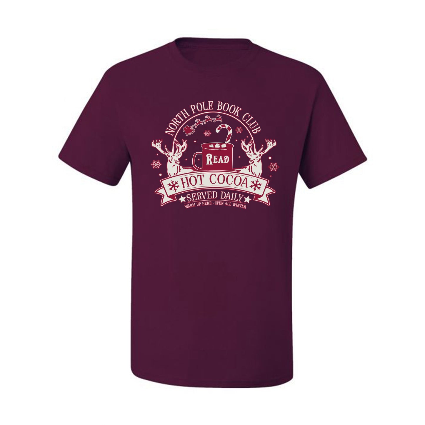 North Pole Book Club | Hot Cocoa Served Daily, Cute Funny Read Books Reading Snow Reindeer Winter Hot Chocolate Ugly Christmas Men's T-Shirt