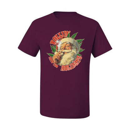 Rollin Into the Holidays | Funny Santa Claus Smoking Weed THC Marijuana Joint Fan  Ugly Christmas Men's T-Shirt