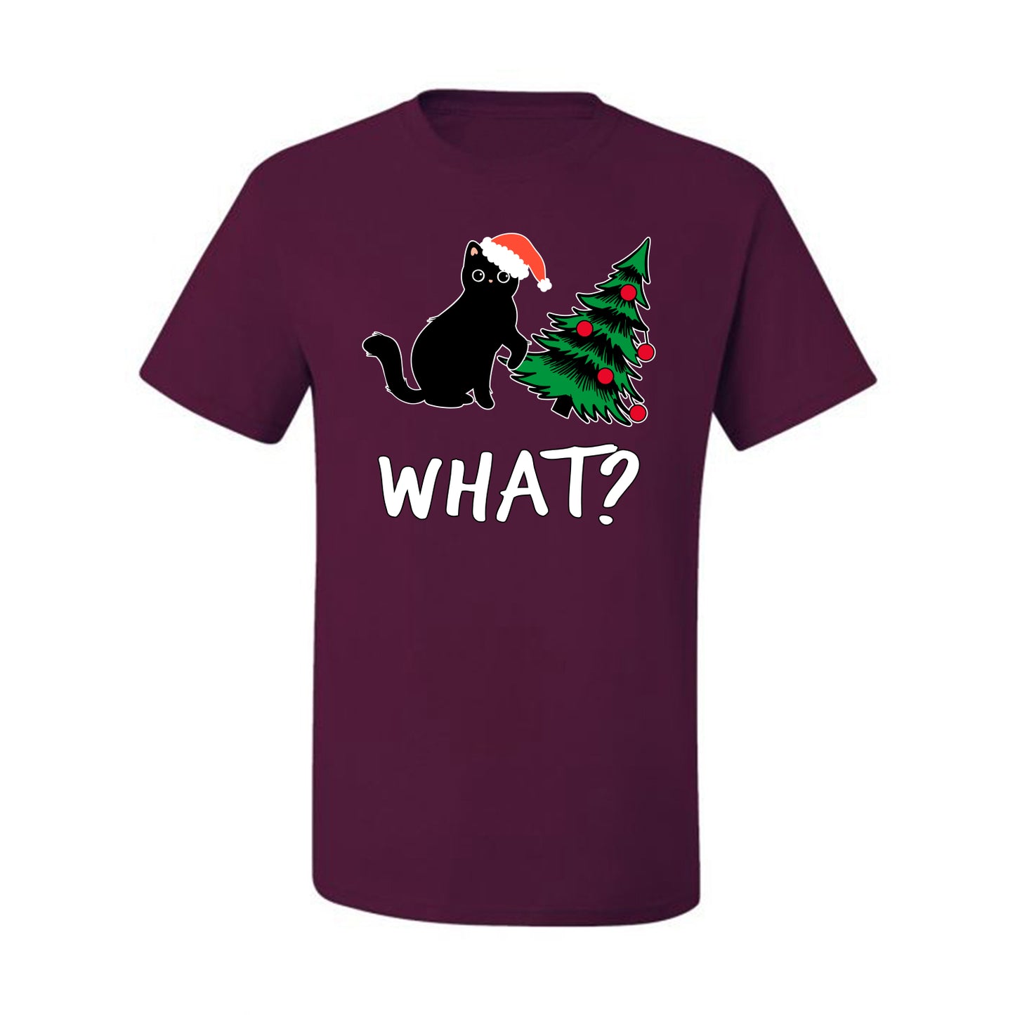 What? Funny Guilty Santa Cat Christmas Tree Mischief Pet Humor Ugly Christmas Men's T-Shirt