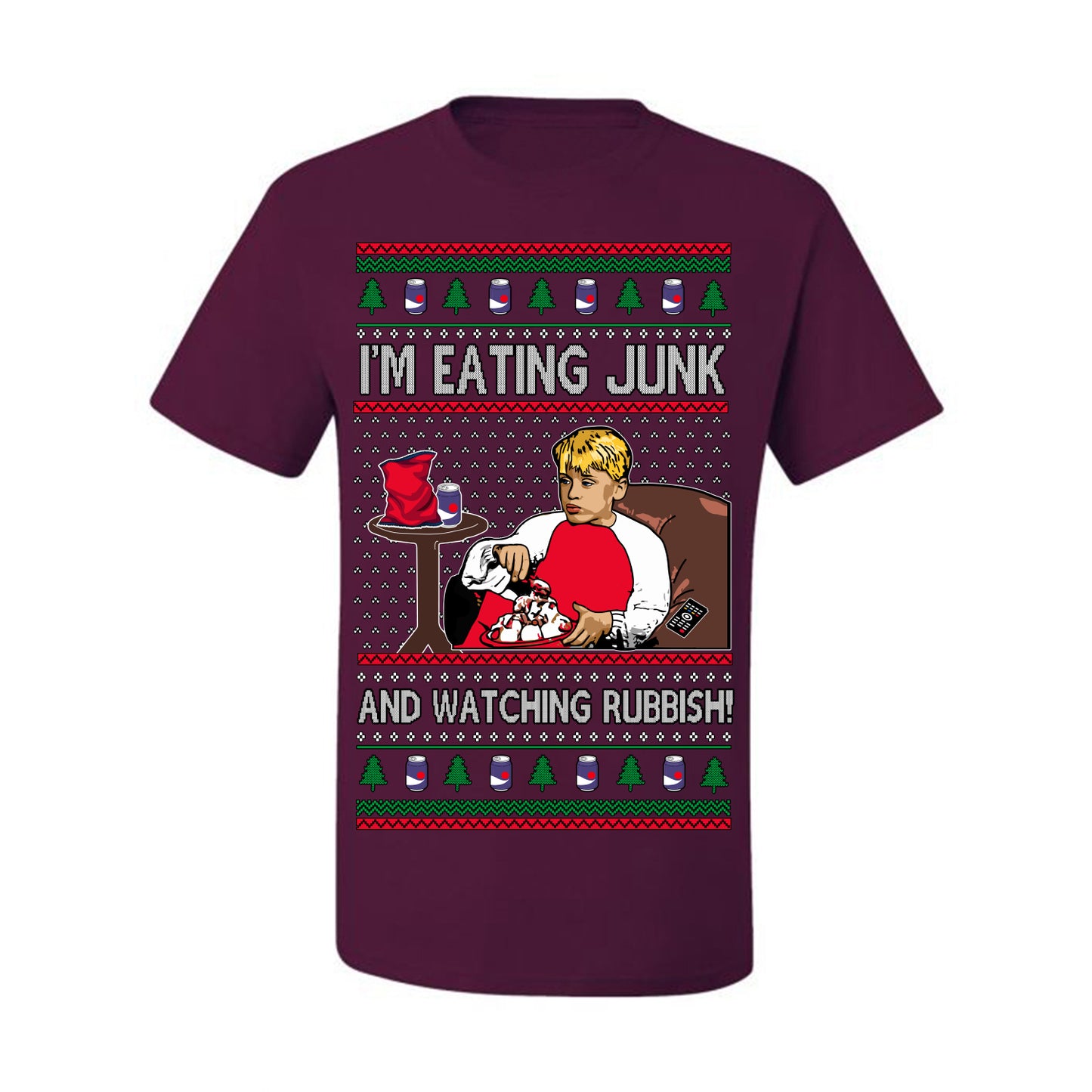 I'm Eating Junk and Watching Rubbish, Classic 90s Xmas Kevin Movie Ice Cream Soda Alone Movies, Ugly Christmas Sweater Ugly Christmas Men's T-Shirt