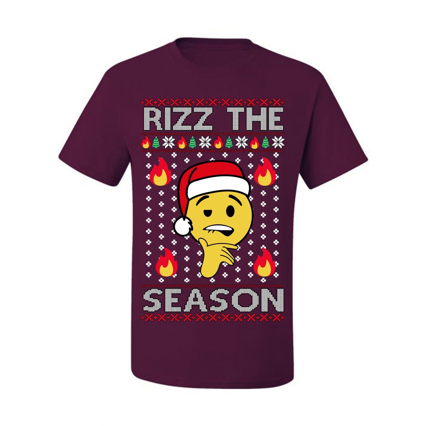 Rizz the Season, Viral Internet Fire Emoji Face Meme Romance Slang, Ugly Christmas Sweater Ugly Christmas Men's T-Shirt