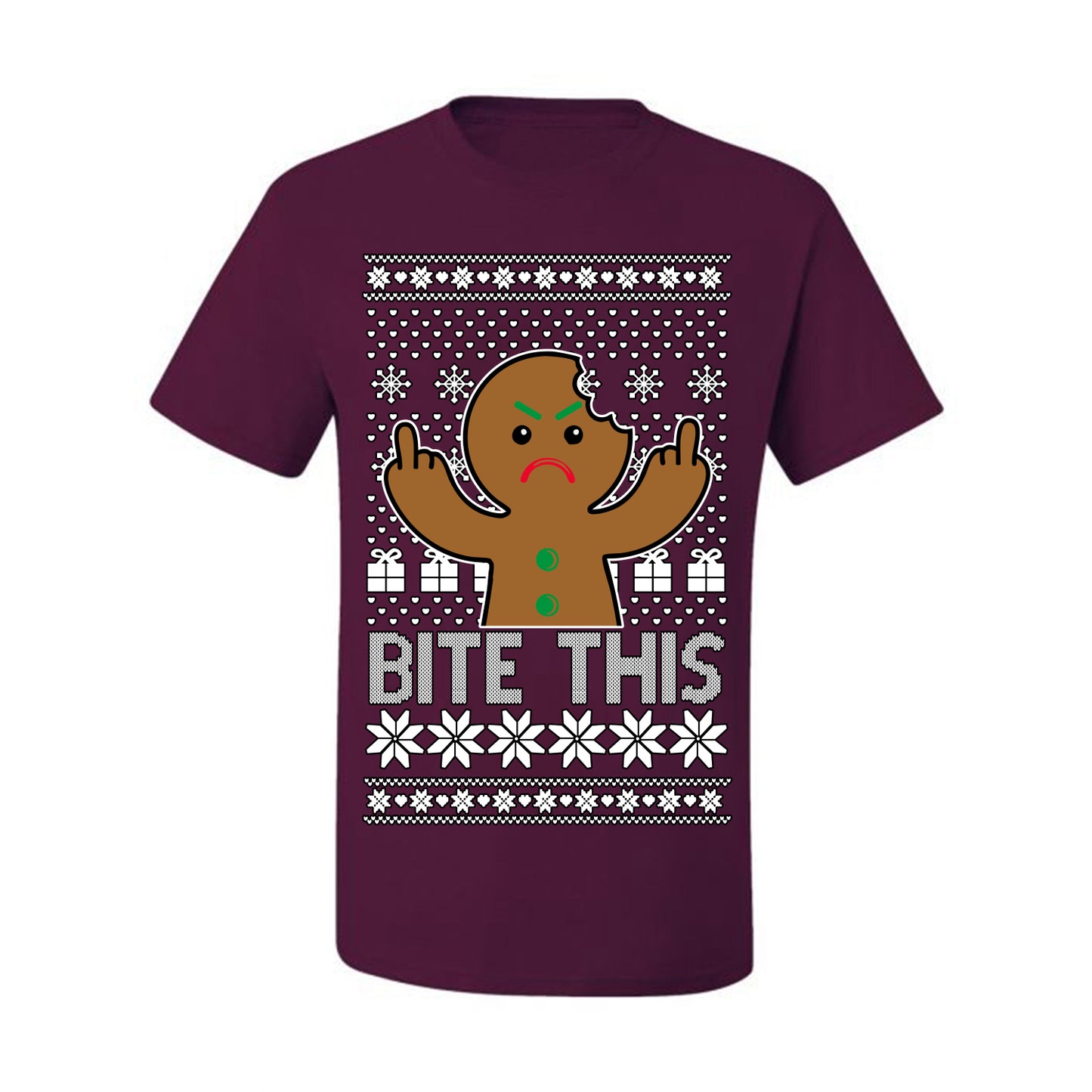 Bite This, Funny Gingerbread Cookie Offensive Inappropriate Middle Finger, F U Ginger Bread Dirty Novelty Xmas Ugly Christmas Sweater Ugly Christmas Men's T-Shirt