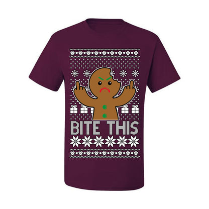 Bite This, Funny Gingerbread Cookie Offensive Inappropriate Middle Finger, F U Ginger Bread Dirty Novelty Xmas Ugly Christmas Sweater Ugly Christmas Men's T-Shirt