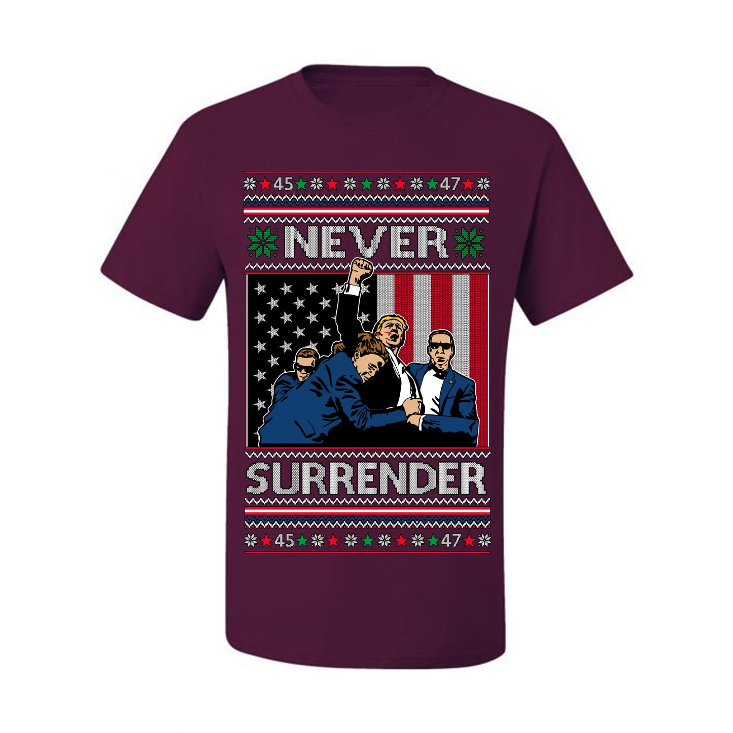 Never Surrender, Pro Donald Trump Fight Fight Fight Fist Pump 2024 Butler PA Rally Shot, Ugly Christmas Sweater Ugly Christmas Men's T-Shirt