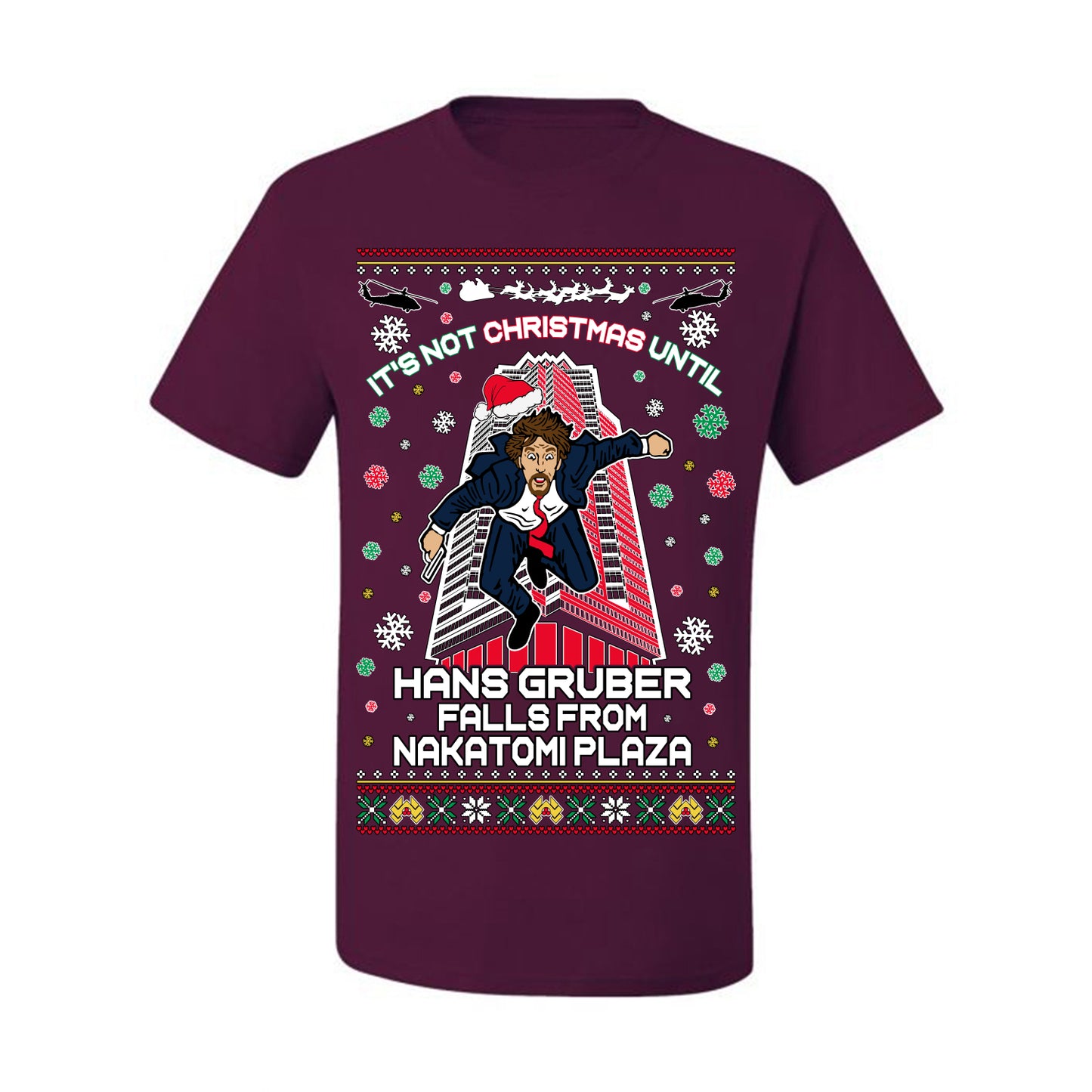 It's Not Christmas Until Hans Gruber Falls From Nakatomi Plaza, Color Design Skyscraper LA Falling Iconic 80s Xmas Movie Ugly Christmas Sweater Ugly Christmas Men's T-Shirt