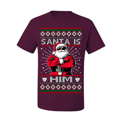 Santa Is Him Funny Gen Z Viral Meme Shades, Religious Christ Christian Christianity Brain Rot Joke Slang Ugly Christmas Sweater Ugly Christmas Men's T-Shirt