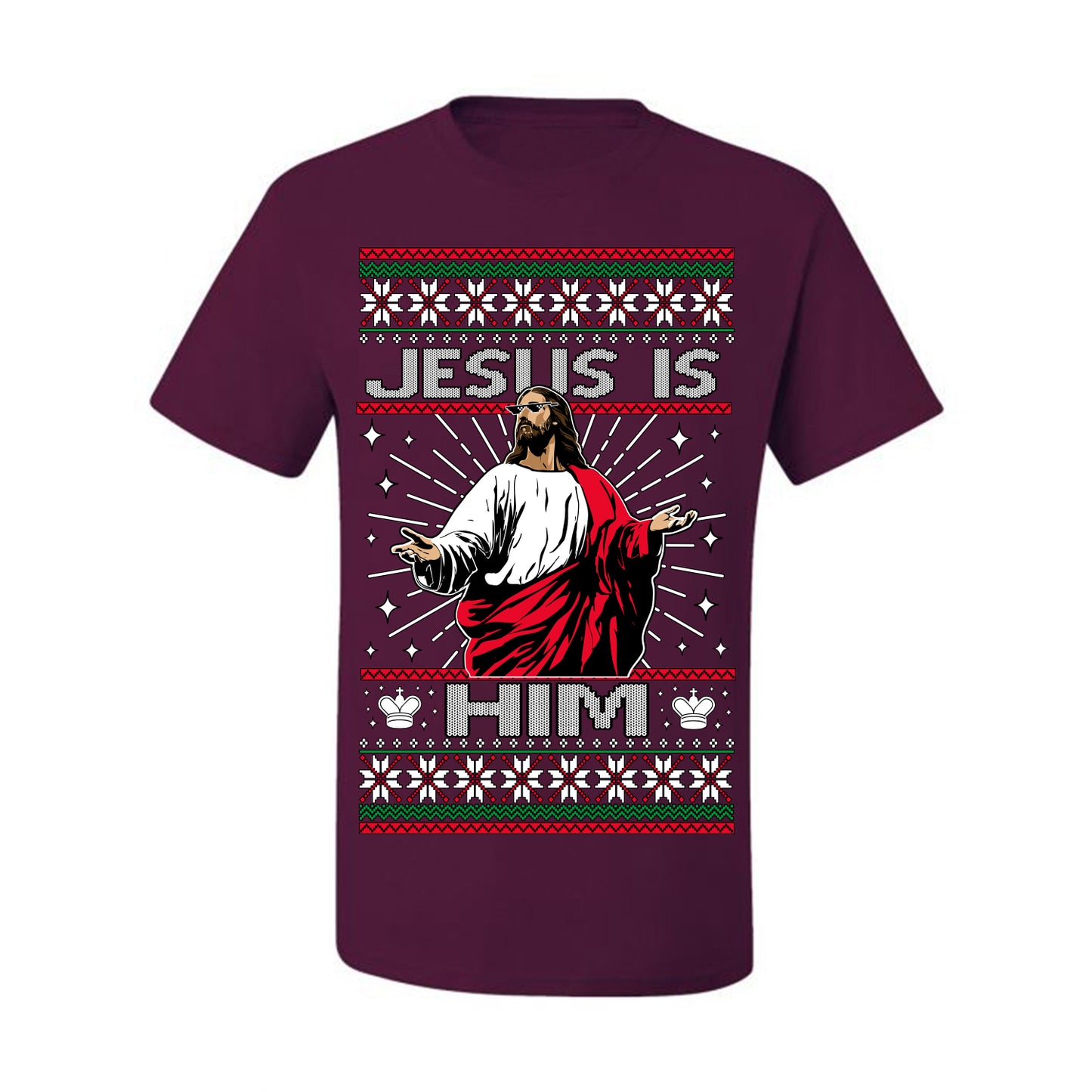 Jesus Is Him Funny Gen Z Viral Meme Shades, Religious Christ Christian Christianity Brain Rot Joke Slang Ugly Christmas Sweater Ugly Christmas Men's T-Shirt