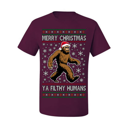 Merry Christmas Ya Filthy Humans Funny Sasquatch, UFO Conspiracy Theory Y2K Big Foot Supernatural Theorist Bigfoot Ugly Christmas Sweater Ugly Christmas Men's T-Shirt