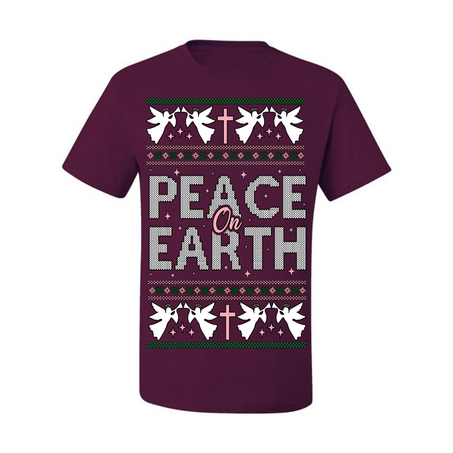 Peace On Earth Funny Xmas Cute Pink Angel Cross, Women Men Religious Christian Catholic Ugly Christmas Sweater Ugly Christmas Men's T-Shirt
