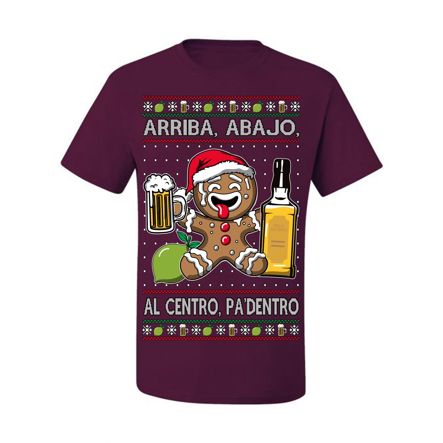 Arriba Abajo Al Centro Pa'Dentro Cheers to Health, Drinking Beer Cerveza Funny Gingerbread Xmas Cookie Ropa en Espanol Salud Ugly Christmas Sweater Ugly Christmas Men's T-Shirt
