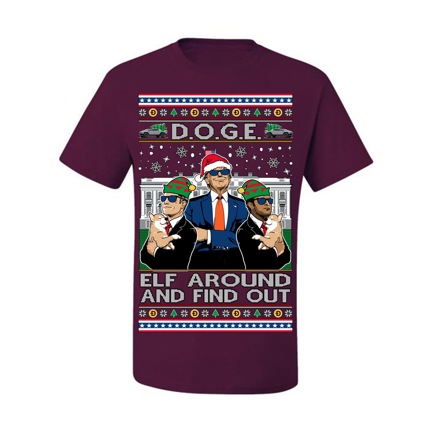 Doge Elf Around and Find Out Trump Elon Vivek, Department of Govenmental Efficiency D.O.G.E. Republicans MAGA Ugly Christmas Sweater Ugly Christmas Men's T-Shirt