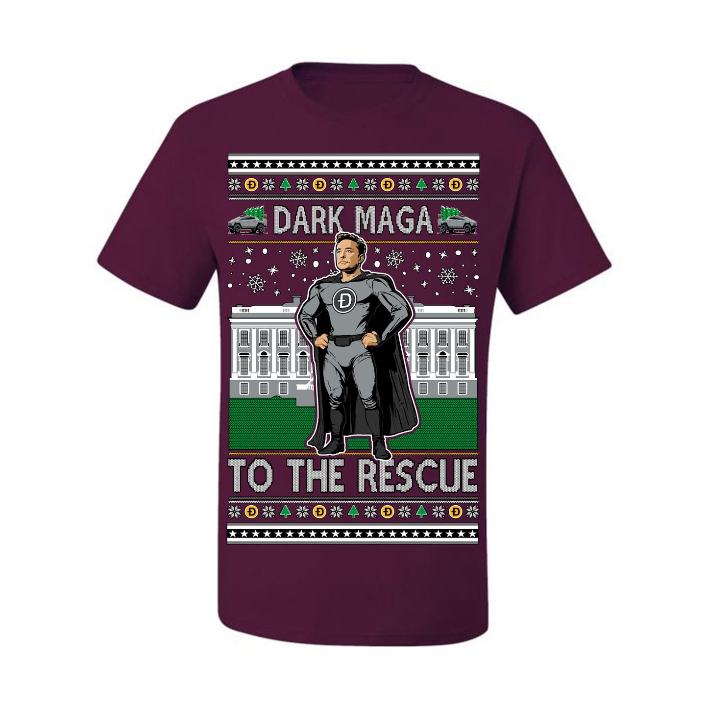 Dark MAGA to the Rescue, Elon Superhero Doge Crypto Dogecoin Make America Great Again Trump 2024 Ugly Christmas Sweater Ugly Christmas Men's T-Shirt