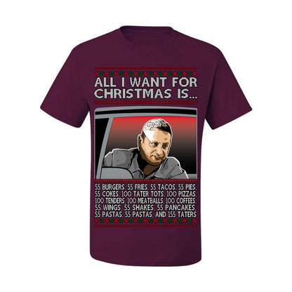 All I Want for Christmas Is 55 Burgers 55 Fries 55 Tacos 55 Pies, Funny Viral I Think Tim TV Show Gen Z Alpha Brainrot Meme Ugly Christmas Sweater Ugly Christmas Men's T-Shirt