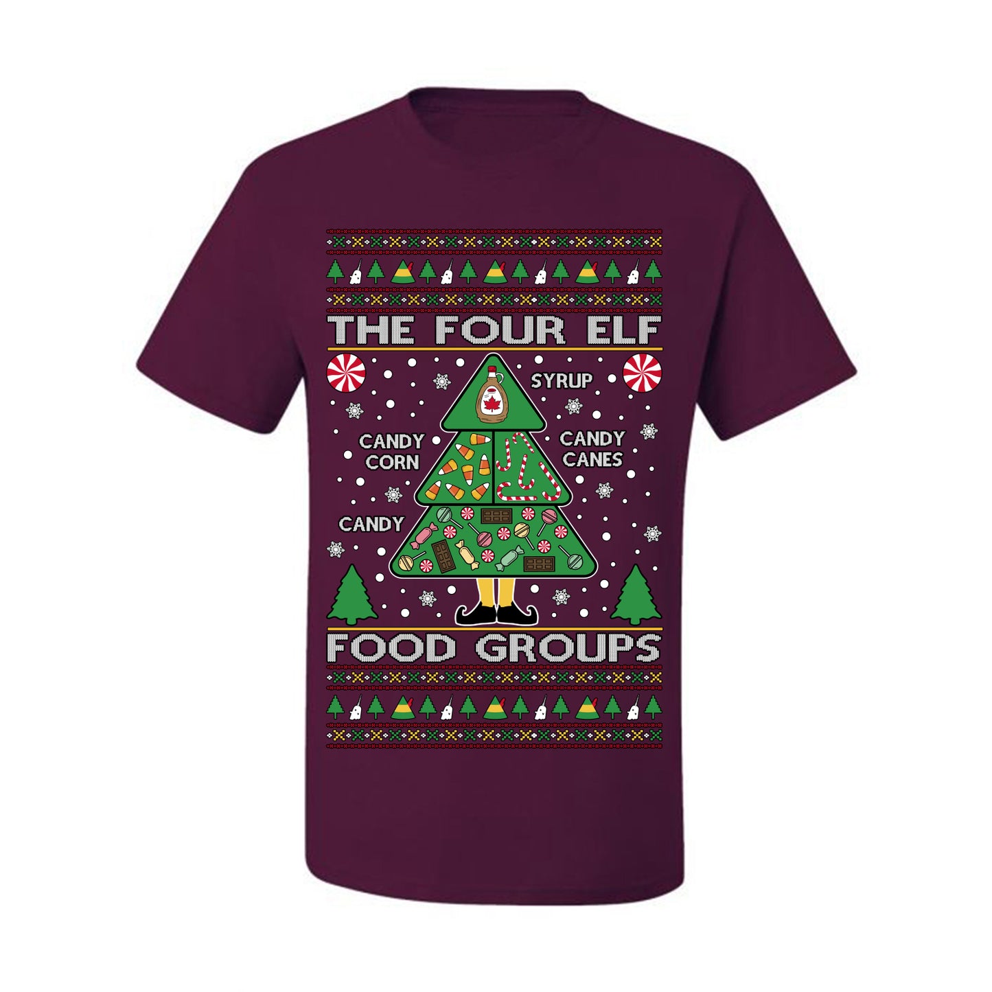 The Four Elf Food Groups, Peppermint Chocolate Candy Canes Syrup, Funny Ugly Christmas Sweater Ugly Christmas Men's T-Shirt