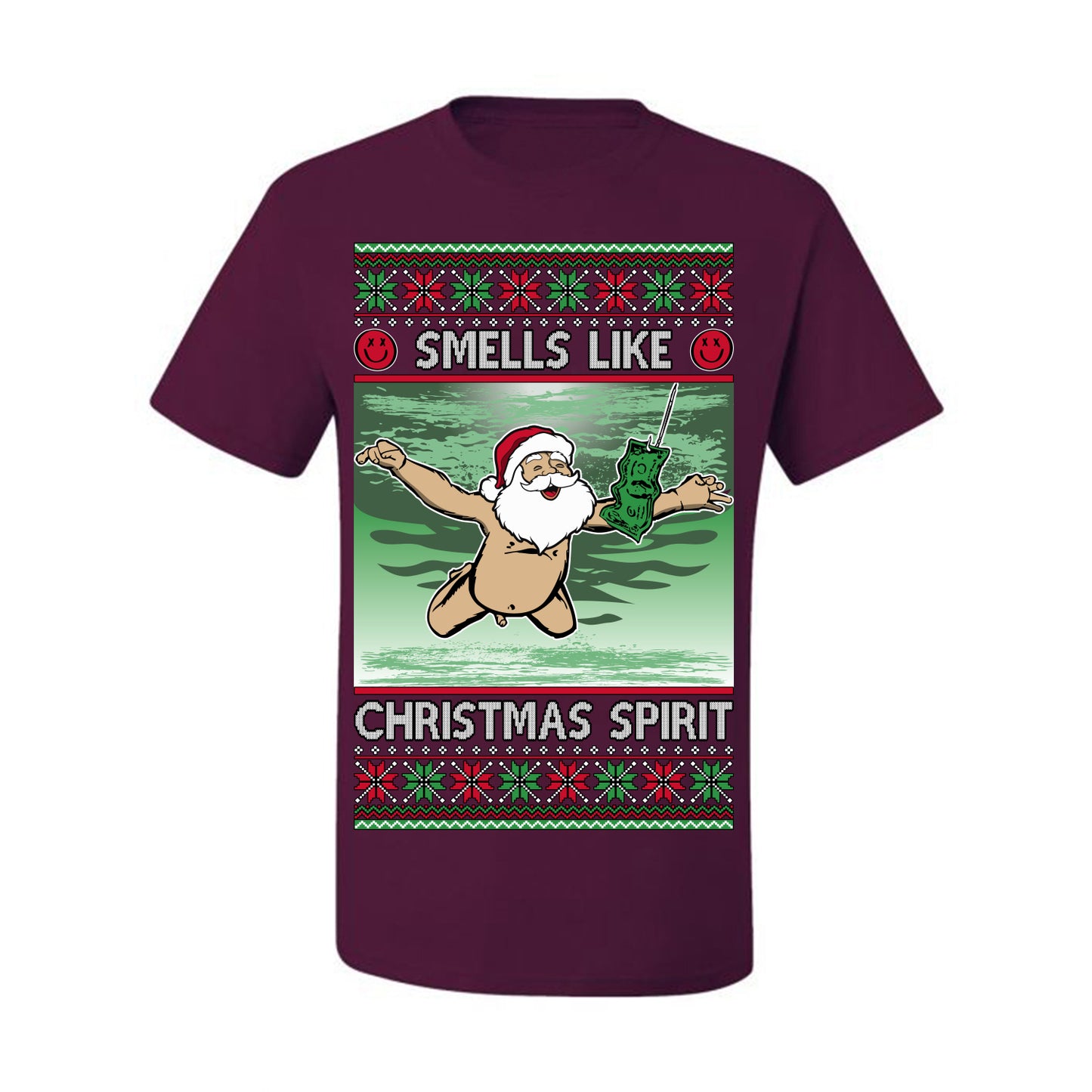 Smells Like Christmas Spirit, Funny Santa Claus Classic 90s Alternative Rock Album Cover Music Parody Ugly Christmas Sweater Ugly Christmas Men's T-Shirt