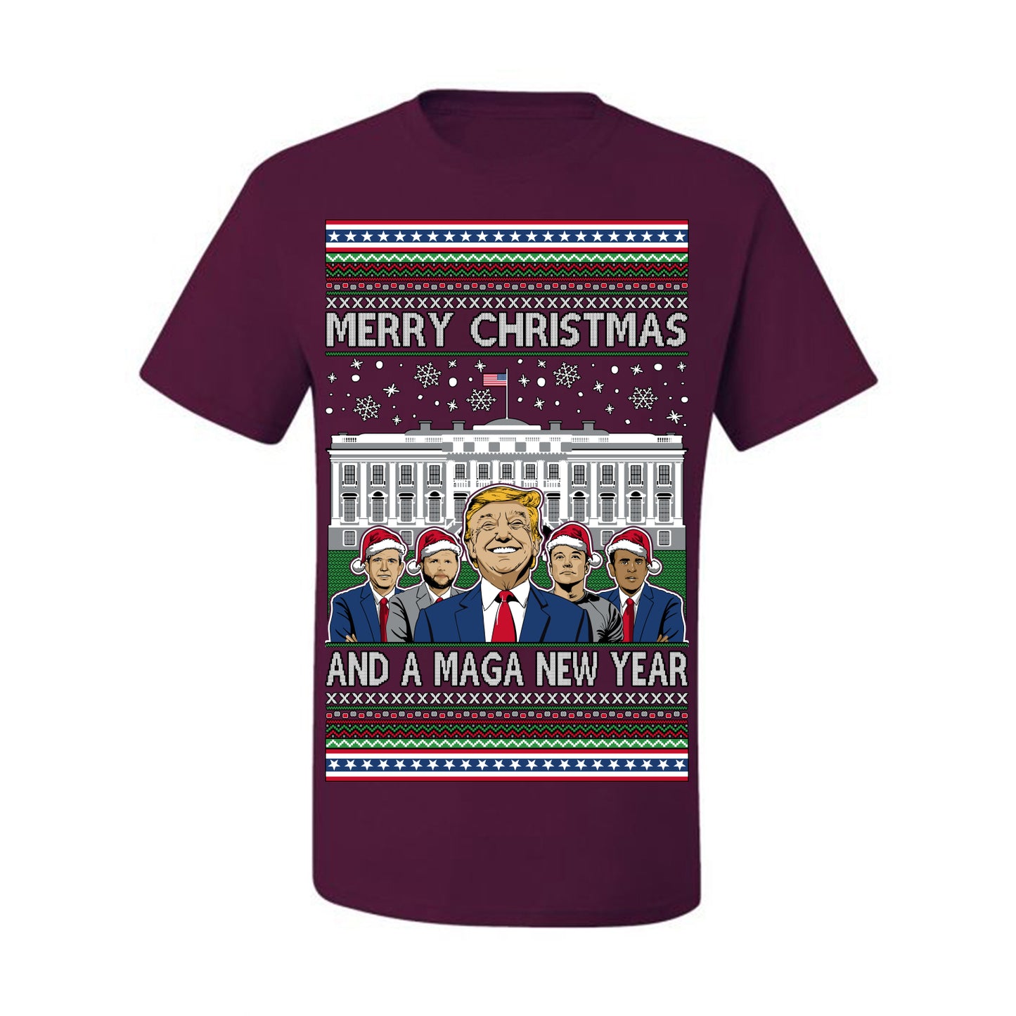 Merry Christmas and a MAGA New Year 2025, Trump Vance Administration 45 47 Make America Great Again USA Ugly Christmas Sweater Ugly Christmas Men's T-Shirt